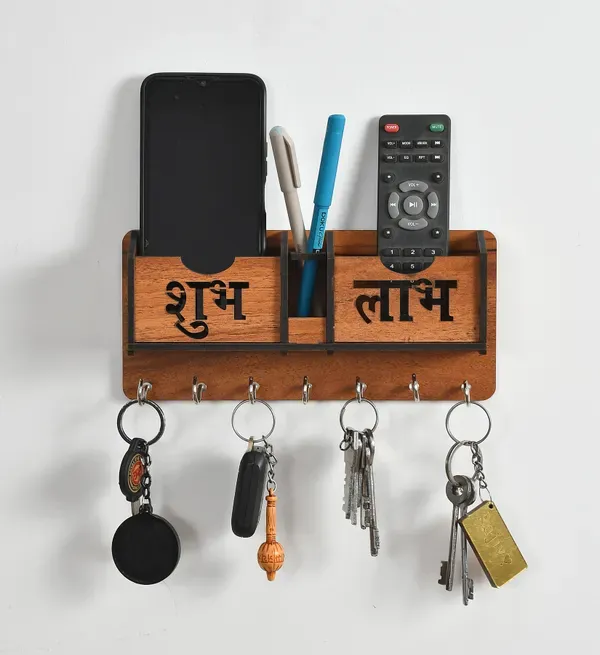 Brown_Wooden_Shubh_Labh_Wall_Mounted_Designer_Key_Hanger_And_Mobile_Holder