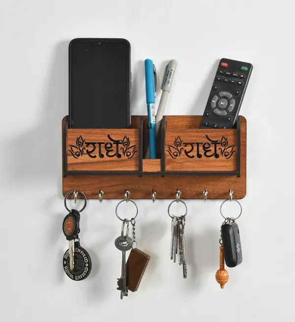 Brown_Wooden_Wall_Mounted_Radhe_Radhe_Designer_Key_Hanger_And_Mobile_Holder