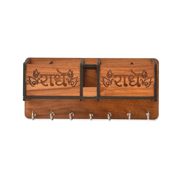 Brown_Wooden_Wall_Mounted_Radhe_Radhe_Designer_Key_Hanger_And_Mobile_Holder