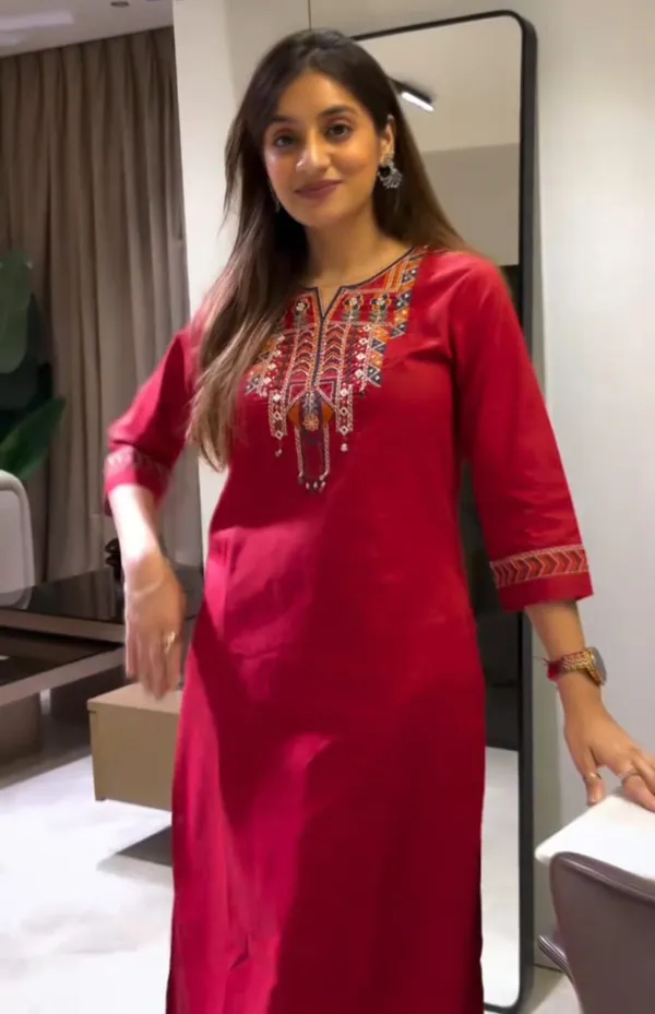 Red_cotton_embroidery_kurta_set_