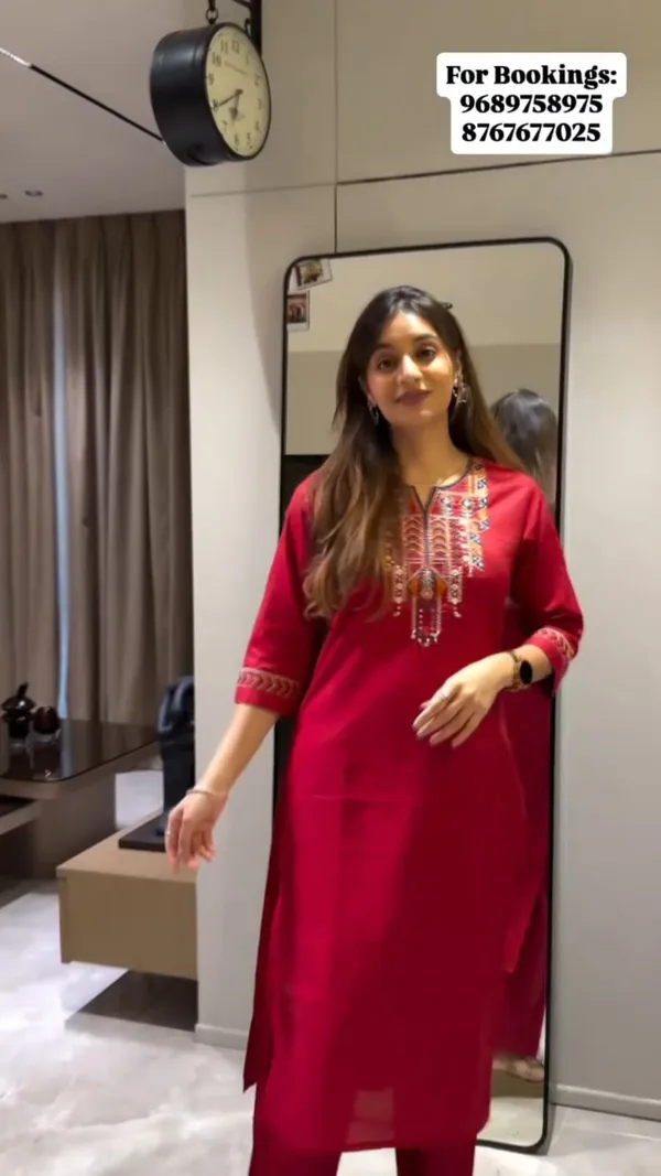 Red_cotton_embroidery_kurta_set_