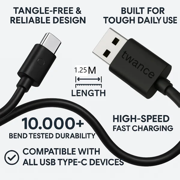 1.25_Meter_Pvc_Type_C_To_Usb_Fast_Charging_And_Data_Transfer_Cable