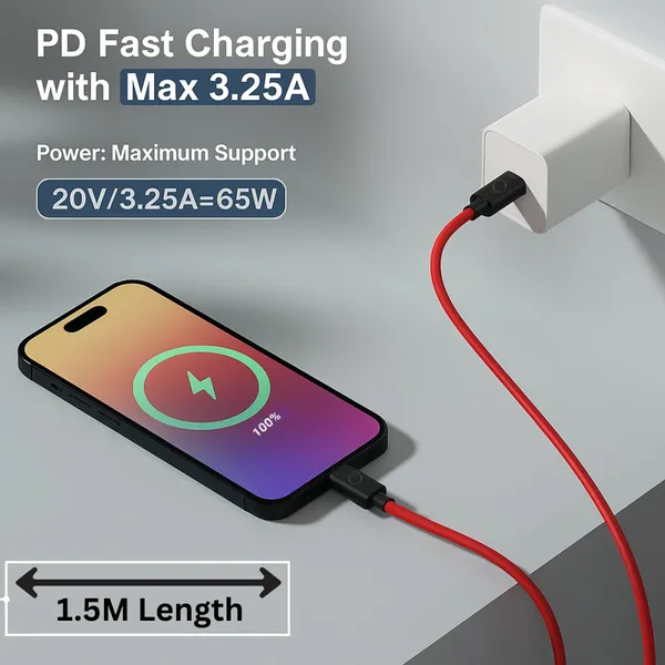 1.5_Meter,_Type_C_To_Type_C__Fast_Charging_And_Data_Transfer_Cable,_Red_Color,_PVC_material,_Long_cable