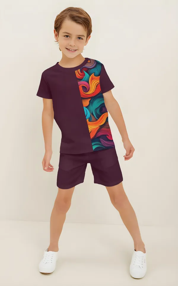 Wine_Abstract_Printed_T-shirt_&_Short_Set_For_Kids