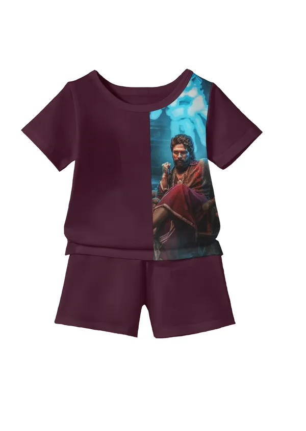 Wine_Pushpa_Printed_T-shirt_&_Short_Set_For_Kids