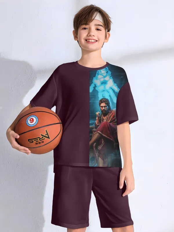 Wine_Pushpa_Printed_T-shirt_&_Short_Set_For_Kids