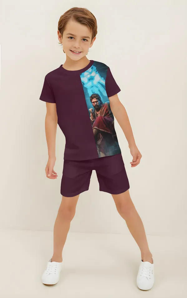 Wine_Pushpa_Printed_T-shirt_&_Short_Set_For_Kids