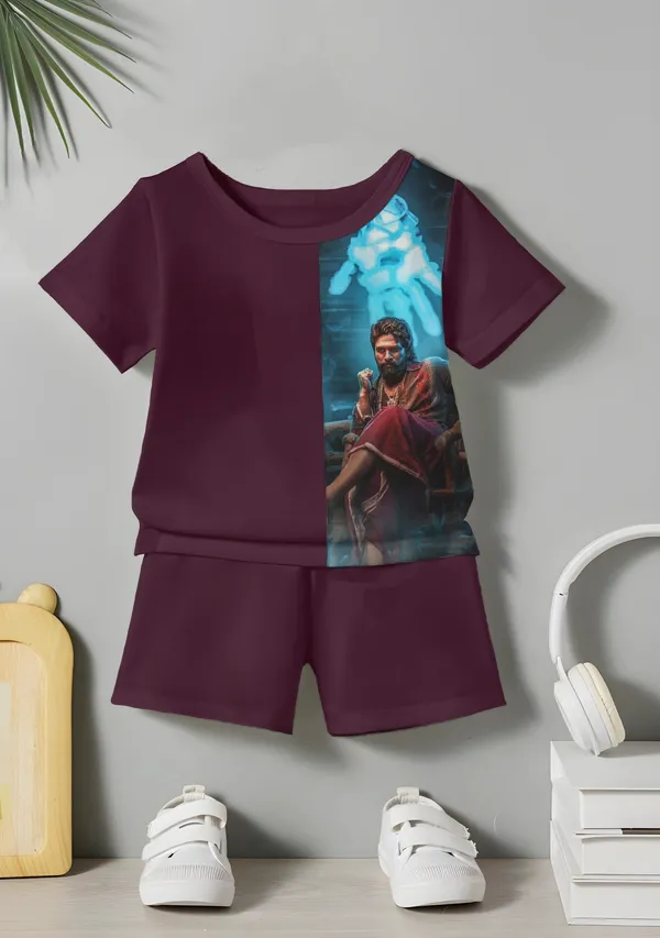 Wine_Pushpa_Printed_T-shirt_&_Short_Set_For_Kids