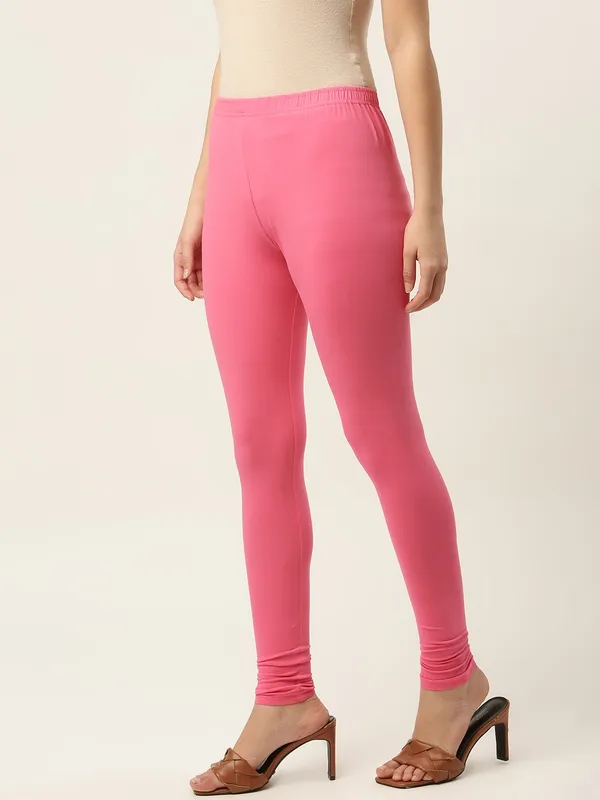 Rose_Pink_Viscose_Rayon_Elasticated_Waistband_Churidaar_Length_Leggings_For_Women_&_Girls