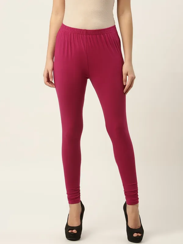 Magenta_Viscose_Rayon_Elasticated_Waistband_Churidaar_Length_Leggings_For_Women_&_Girls