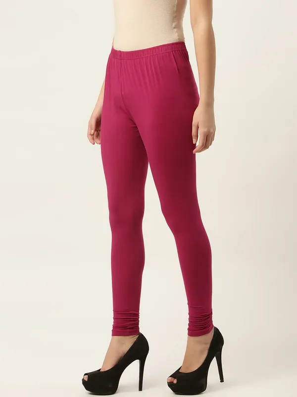 Magenta_Viscose_Rayon_Elasticated_Waistband_Churidaar_Length_Leggings_For_Women_&_Girls