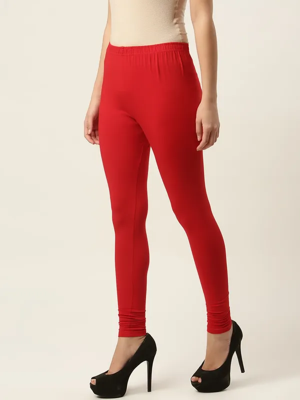 Red_Viscose_Rayon_Elasticated_Waistband_Churidaar_Length_Leggings_For_Women_&_Girls