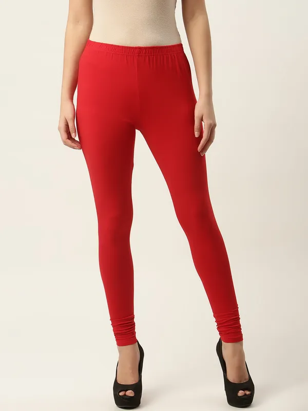 Red_Viscose_Rayon_Elasticated_Waistband_Churidaar_Length_Leggings_For_Women_&_Girls