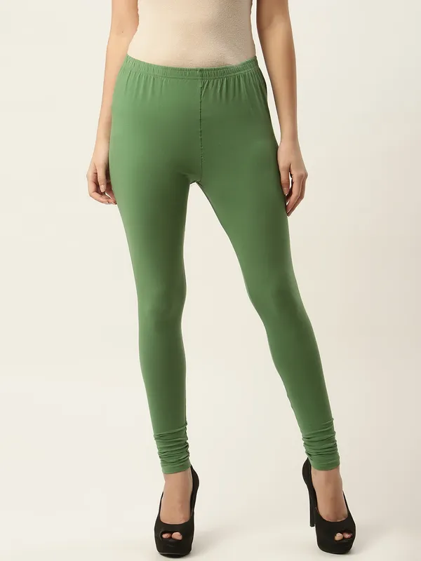 Olive_Green_Viscose_Rayon_Elasticated_Waistband_Churidaar_Length_Leggings_For_Women_&_Girls