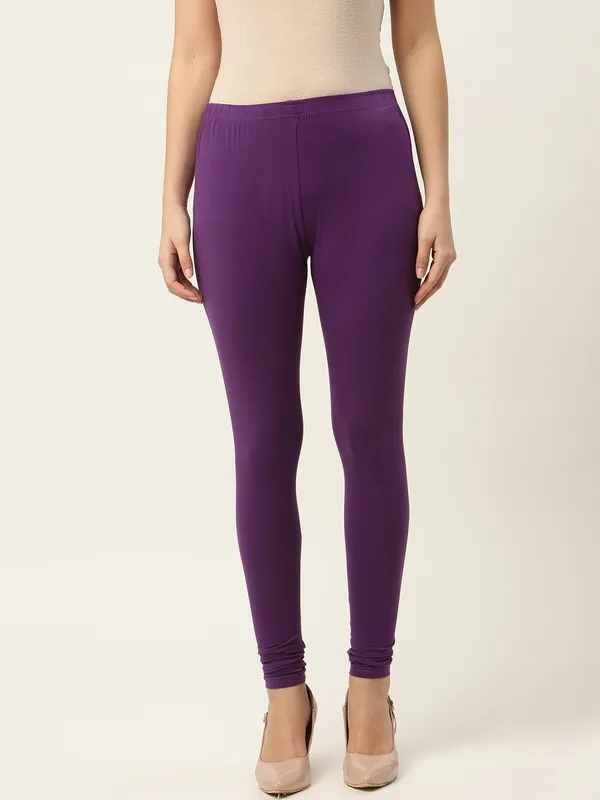 Purple_Viscose_Rayon_Elasticated_Waistband_Churidaar_Length_Leggings_For_Women_&_Girls