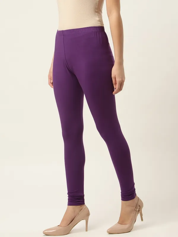 Purple_Viscose_Rayon_Elasticated_Waistband_Churidaar_Length_Leggings_For_Women_&_Girls