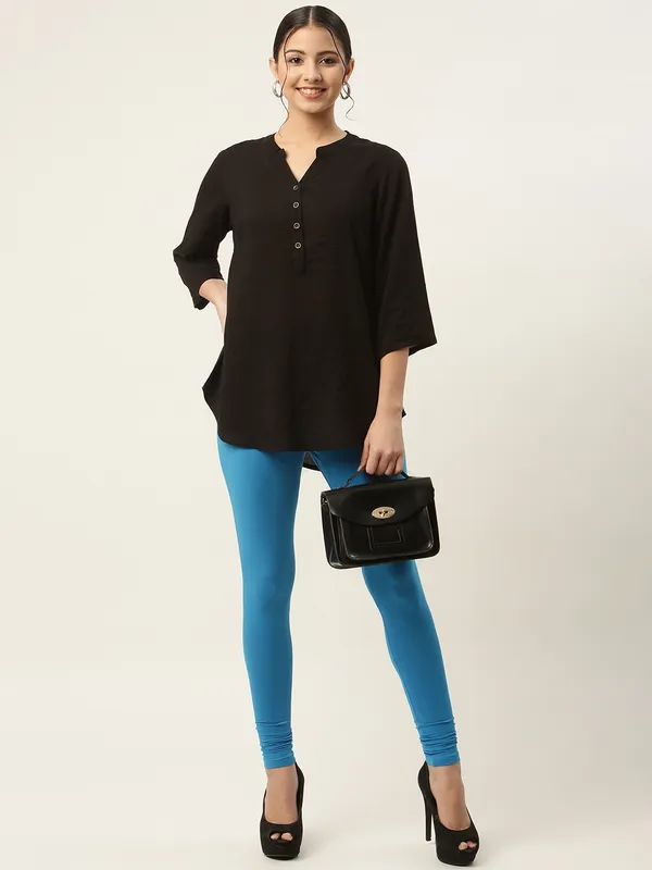 Blue_Viscose_Rayon_Elasticated_Waistband_Churidaar_Length_Leggings_For_Women_&_Girls