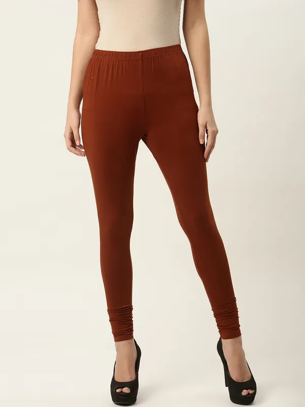 Rust_Viscose_Rayon_Elasticated_Waistband_Churidaar_Length_Leggings_For_Women_&_Girls