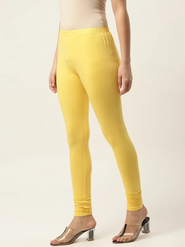 Yellow_Viscose_Rayon_Elasticated_Waistband_Churidaar_Length_Leggings_For_Women_&_Girls