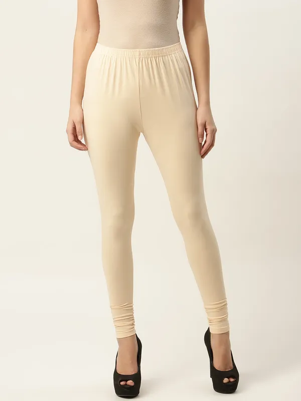 Cream_Viscose_Rayon_Elasticated_Waistband_Churidaar_Length_Leggings_For_Women_&_Girls