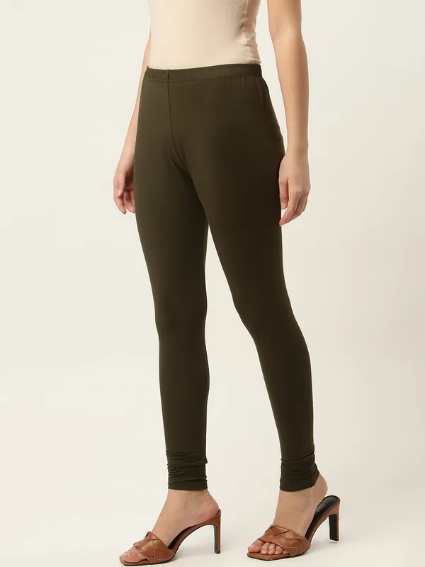 Dark_Green_Viscose_Rayon_Elasticated_Waistband_Churidaar_Length_Leggings_For_Women_&_Girls