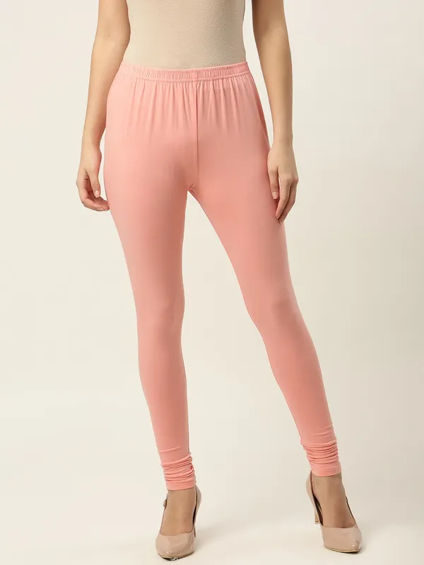 Light_Peach_Viscose_Rayon_Elasticated_Waistband_Churidaar_Length_Leggings_For_Women_&_Girls