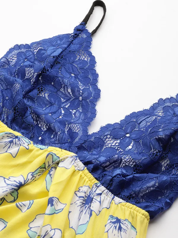 Lime_Yellow_Floral_Printed_Babydoll_Lingerie/Nighty_With_Thong_Panty
