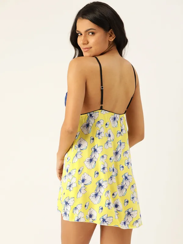 Lime_Yellow_Floral_Printed_Babydoll_Lingerie/Nighty_With_Thong_Panty