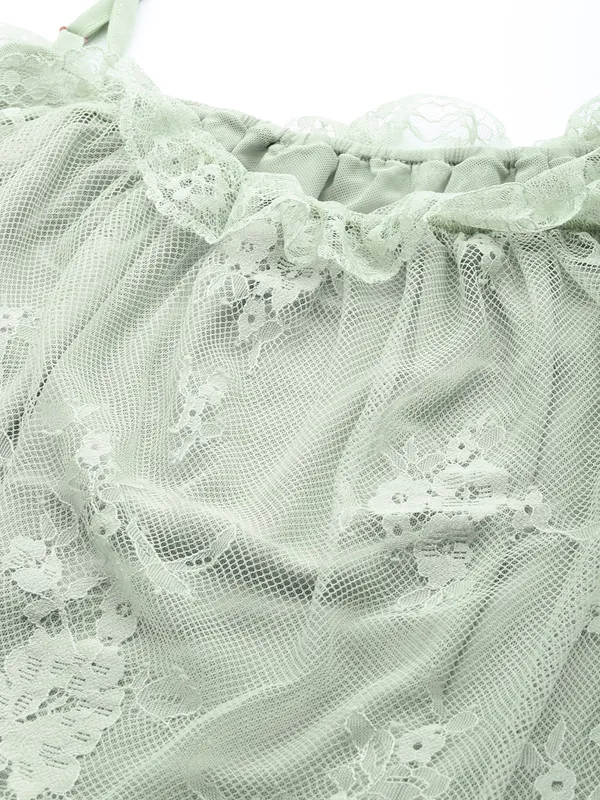 Green_Babydoll_Lingerie/Nighty_With_Full_Lace_Fabric_And_Thong_Panty