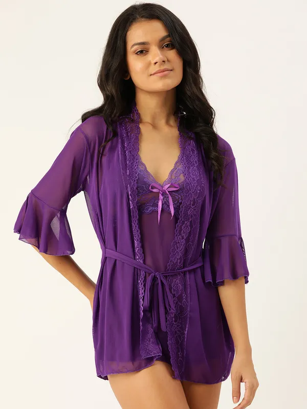 Purple_Solid_Satin_Finish_Babydoll_With_Robe_&_Briefs