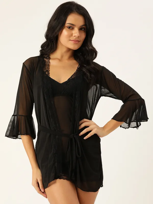 Black_Solid_Satin_Finish_Babydoll_With_Robe_&_Briefs