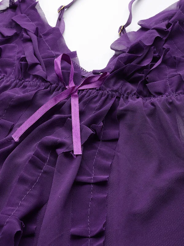 Dark_Purple_Babydoll_Lingerie/Nighty_With_Net_Fabric_And_Thong_Panty
