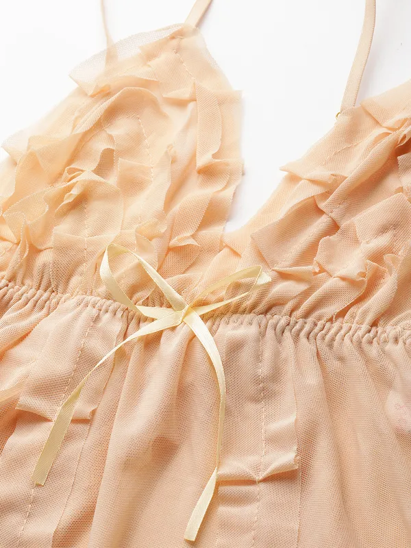 Cream_Babydoll_Lingerie/Nighty_With_Net_Fabric_And_Thong_Panty