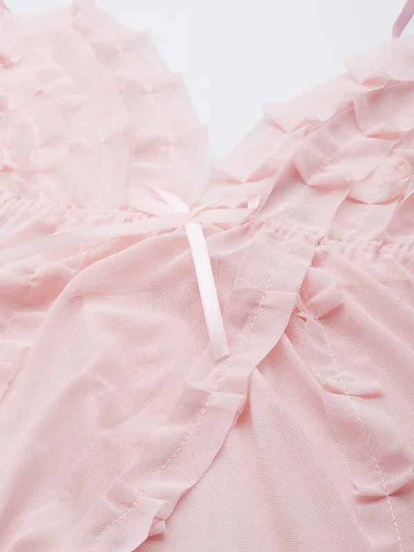 Peach_Babydoll_Lingerie/Nighty_With_Net_Fabric_And_Thong_Panty