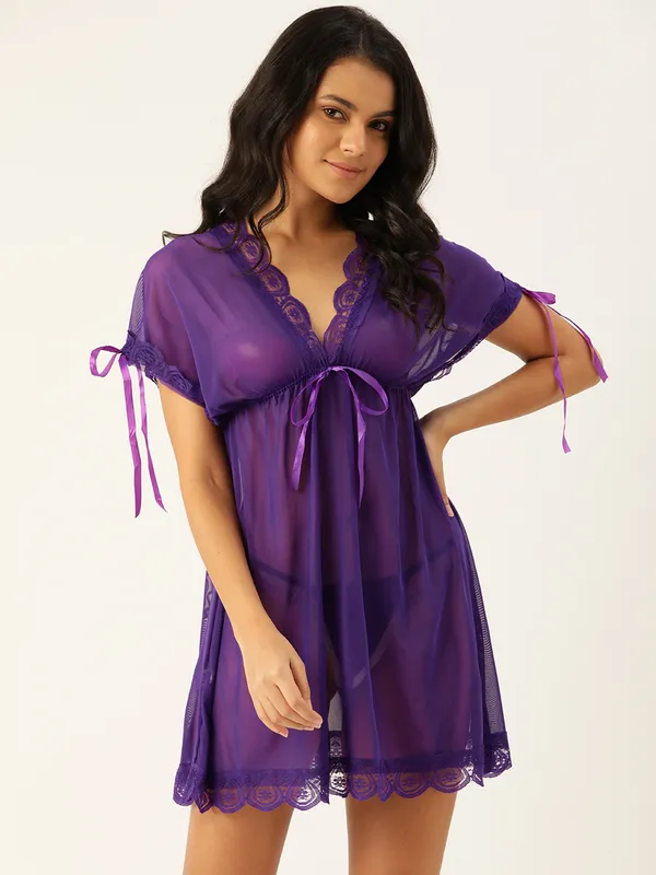 Dark_Purple_Net_Fabric_Babydoll_Lingerie/Nighty_With_Thong_Panty