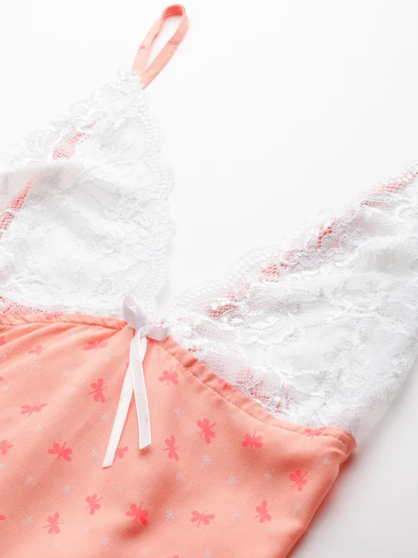 Peach_Floral_Printed_Babydoll_Lingerie/Nighty_With_Thong_Panty