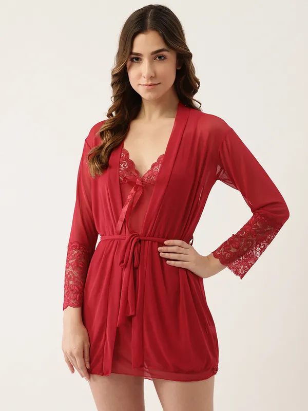 Burgundy_Solid_Satin_Finish_Babydoll_With_Robe_&_Thong