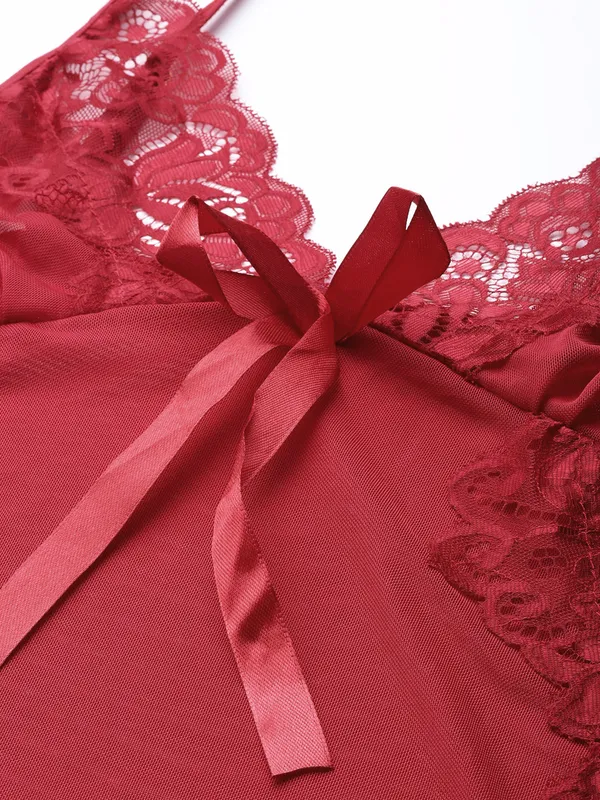 Burgundy_Solid_Satin_Finish_Babydoll_With_Robe_&_Thong