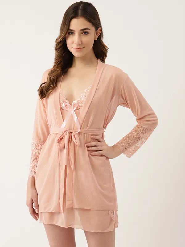 Peach_Solid_Satin_Finish_Babydoll_With_Robe_&_Thong