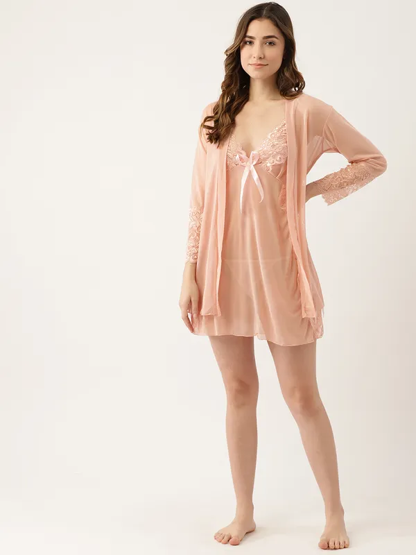 Peach_Solid_Satin_Finish_Babydoll_With_Robe_&_Thong