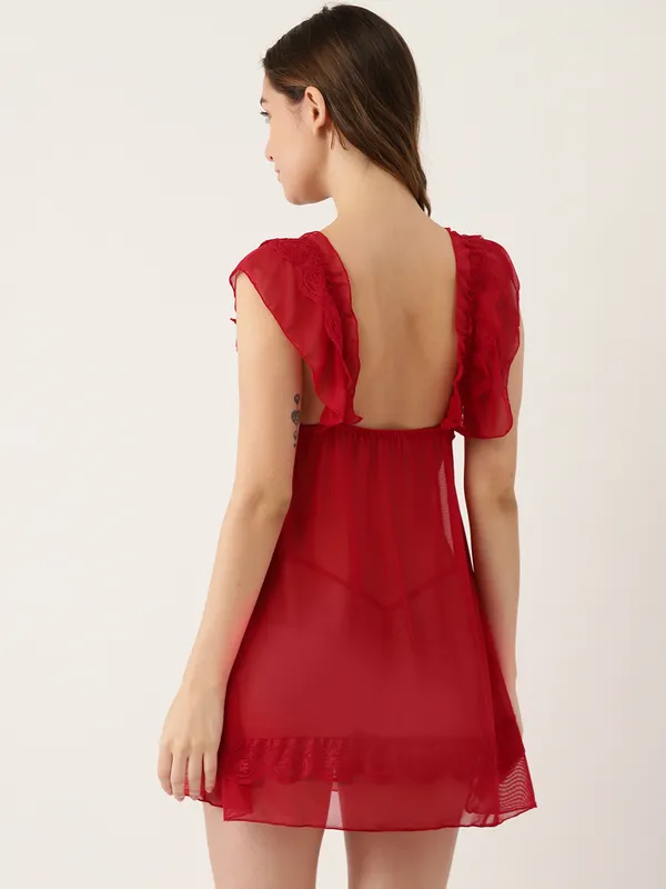 Red_Solid_Satin_Finish_Babydoll_With_Thong