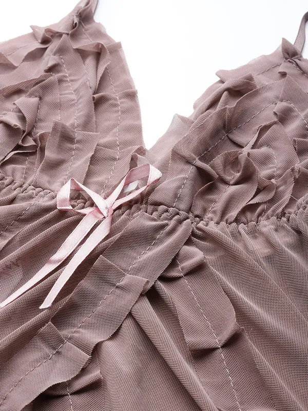 Brown_Babydoll_With_Net_Fabric_And_Asymmetric_Hem_With_Matching_Thong_Panty