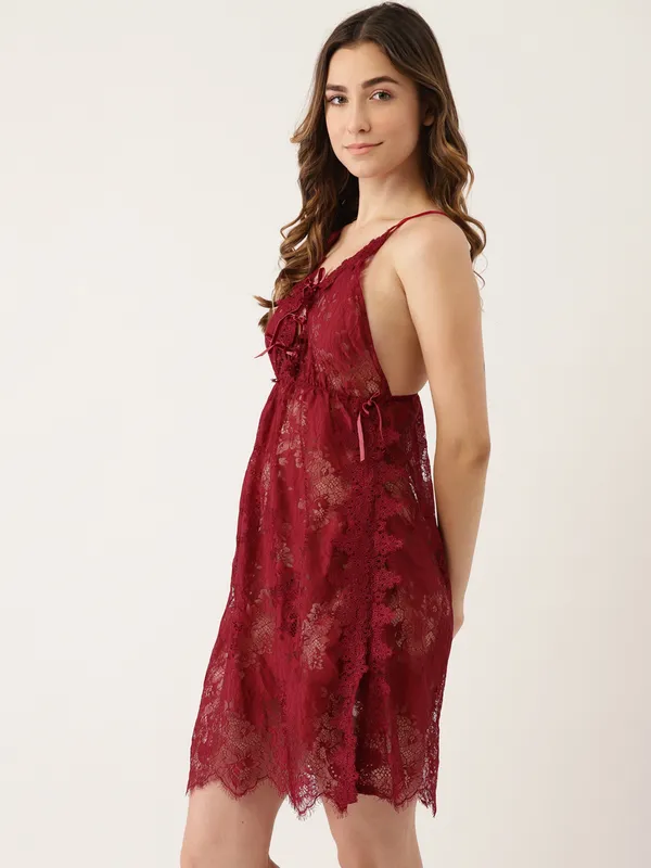 Burgundy_Babydoll_With_Net_Fabric_And_Asymmetric_Hem_With_Matching_Thong_Panty