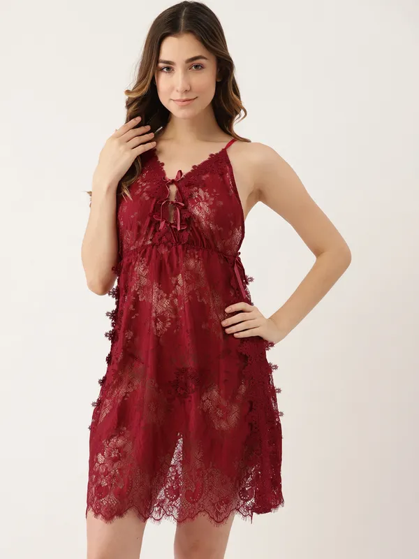Burgundy_Babydoll_With_Net_Fabric_And_Asymmetric_Hem_With_Matching_Thong_Panty