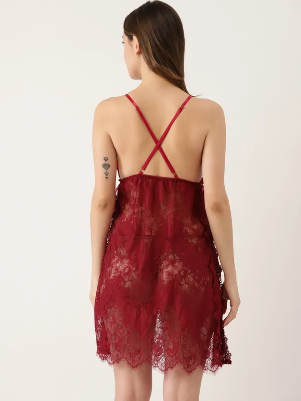 Burgundy_Babydoll_With_Net_Fabric_And_Asymmetric_Hem_With_Matching_Thong_Panty