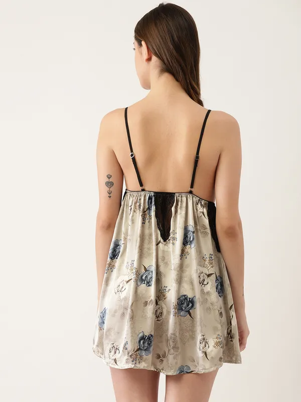 Beige_Floral_Print_Babydoll_Lingerie/Nighty_With_Thong_Panty