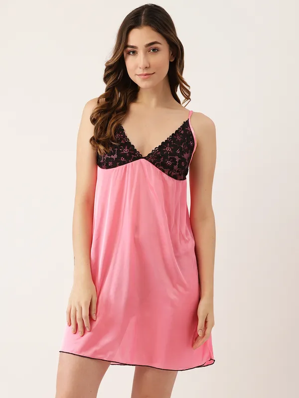 Baby_Pink_Satin_Nightwear/_Nighty_With_Lace_For_Women