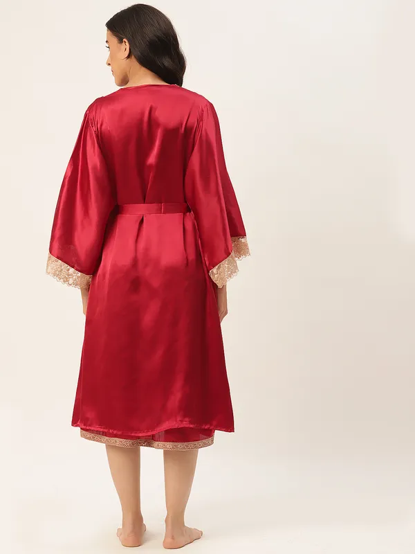 Maroon_Satin_Nightwear/Nightsuit_And_Matching_Robe_With_Lace