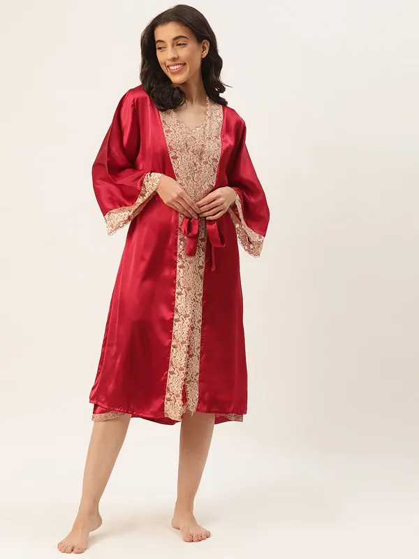 Maroon_Satin_Nightwear/Nightsuit_And_Matching_Robe_With_Lace