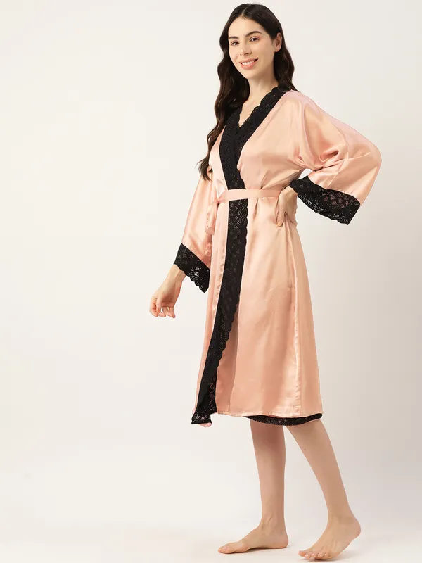 Rust_Satin_Nightwear/Nightsuit_And_Matching_Robe_With_Lace